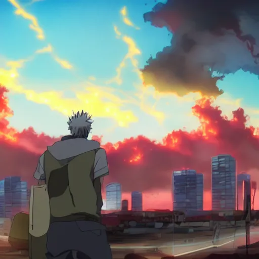 Prompt: anime screencap with destroyed city and bright red sky