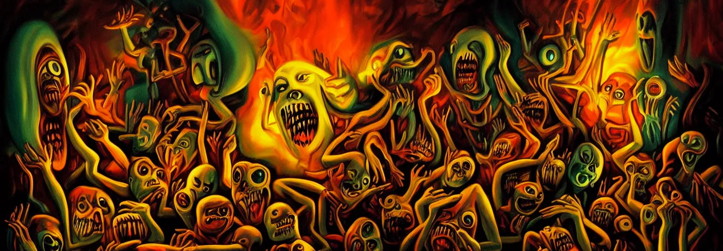 Image similar to visceral freaky obsessive monsters from the darkest depths of collective unconscious, dramatic glowing lighting, 1 9 3 0 s fleischer cartoon characters, wild emotional expressions - surreal painting by ronny khalil