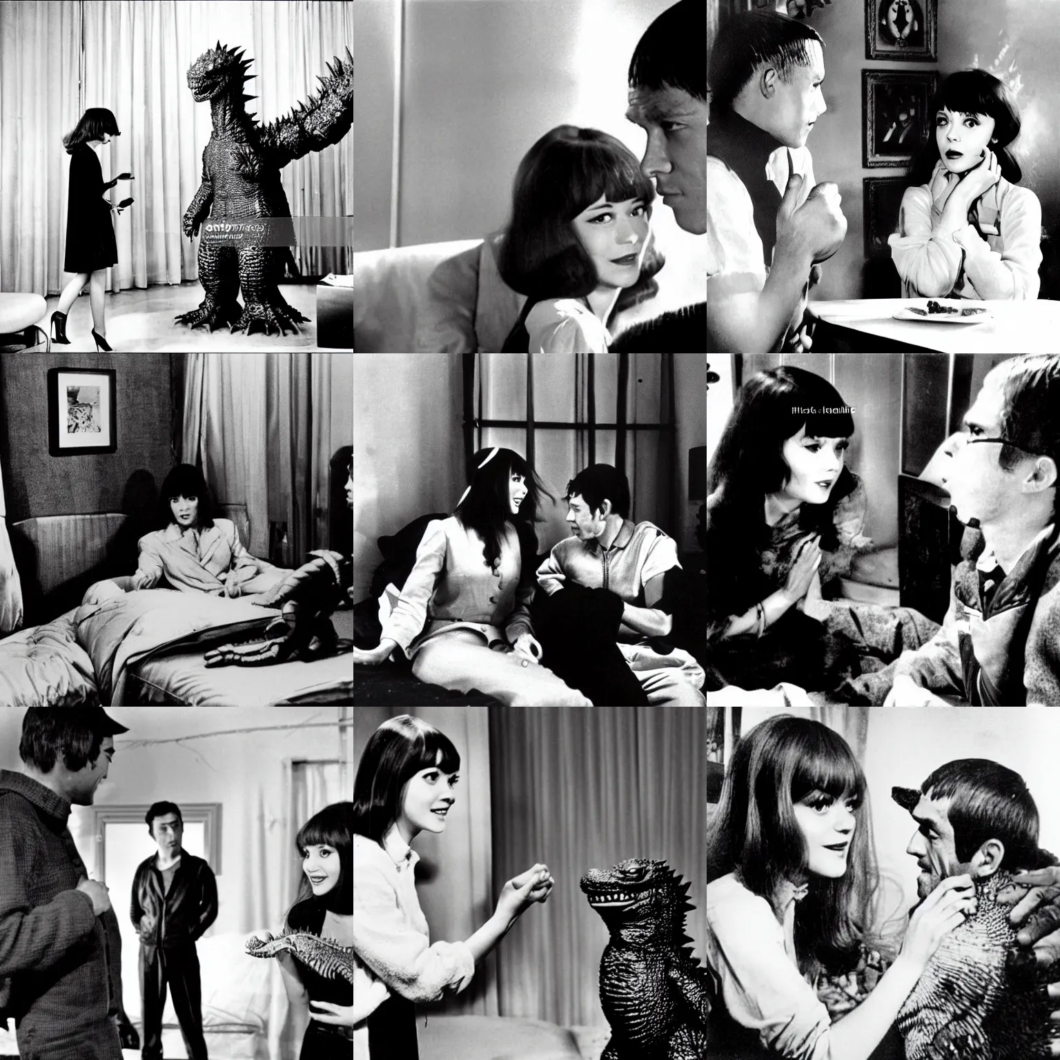 Prompt: godzilla is in a french bedroom with anna karina. gozilla is a big monster with scales. godzilla talks to anna karina. award winning photography