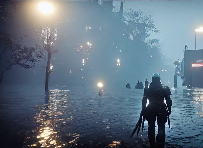 Prompt: 4 k 6 0 fps in - game destiny 2 gameplay showcase, dark, misty, foggy, flooded, rainy new york city swamp street in destiny 2, liminal, dark, dystopian, large creatures in distance, abandoned, highly detailed