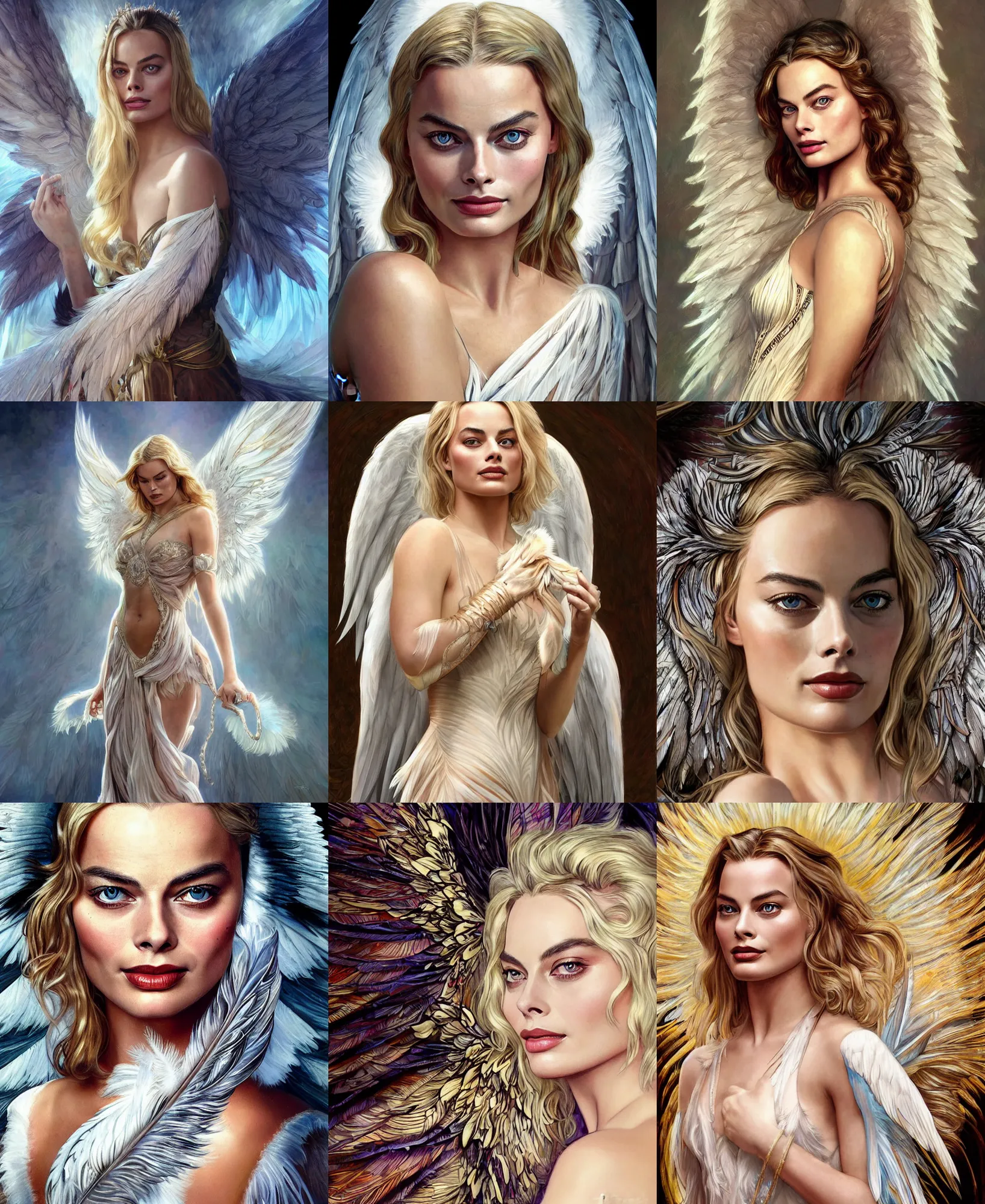 Prompt: Margot Robbie as an Angel, cute, feathers, angel wings, fantasy, intricate, elegant, highly detailed, digital painting, 4k, HDR, concept art, smooth, sharp focus, illustration, art by artgerm and H R Giger and alphonse mucha