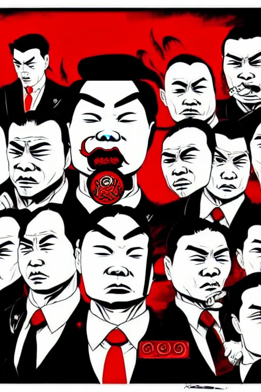 Image similar to chinnese mafia, with black suit and red tissue, some of leader have dragon tatto. digital art, concept art, pop art, bioshock art style, accurate, detailed, gta chinatown art style, cuphead art style, dynamic, face features, body features, ultra realistic, smooth, sharp focus, art by richard hamilton and mimmo rottela