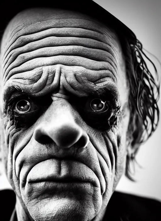 Prompt: photo of Christopher Lloyd as the Joker by Eolo Perfido and Lee Jeffries, frown, head shot, detailed, award winning, Sony a7R