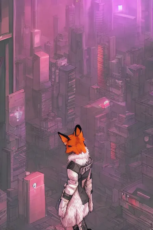 Prompt: a cyberpunk anthropomorphic fox with a fluffy tail staring over a futuristic city from the top of a roof, comic art, trending on furaffinity, cyberpunk, backlighting, cartoon