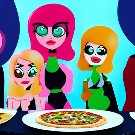 Prompt: powerpuff girls eating pizza, highly detailed, epic lighting, hyper photorealism, 8 k