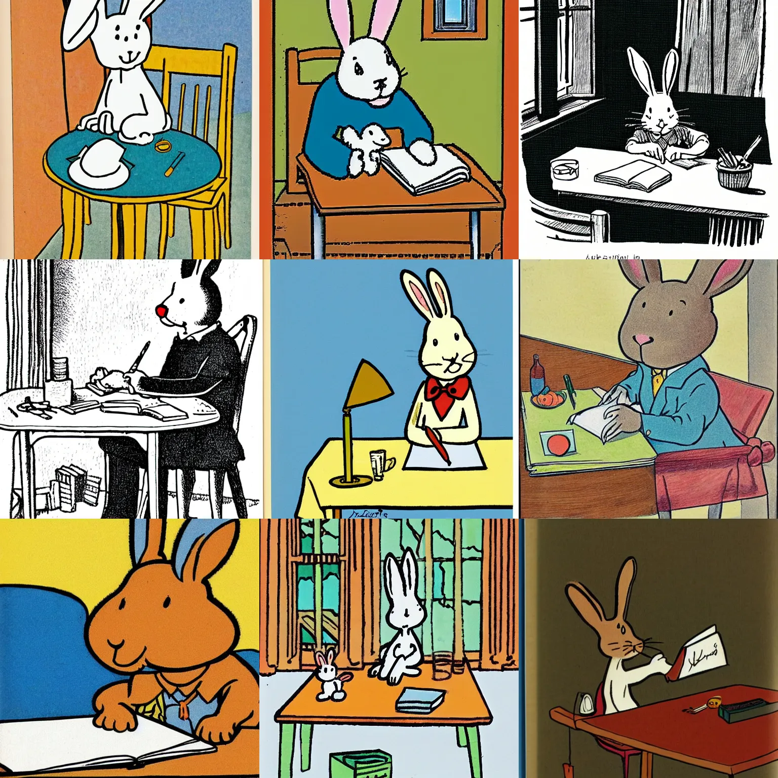 Prompt: a cute cartoon rabbit sitting at a table and writing on a notebook, Children's Book Illustration, Hergé