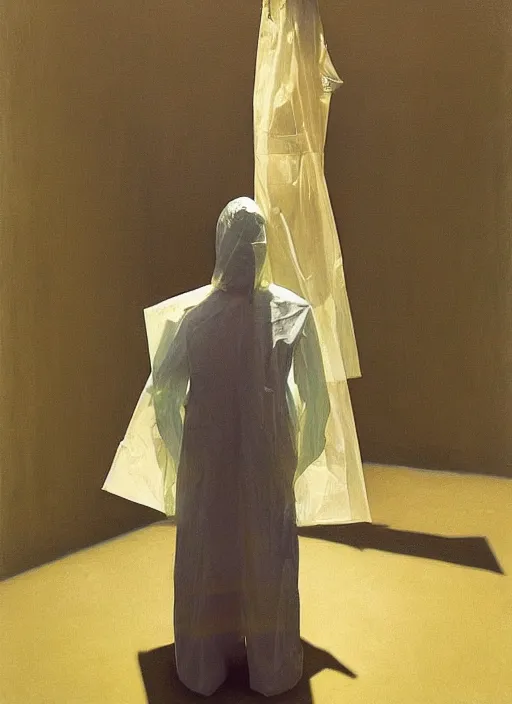 Image similar to man in a translucent dress made from plastic bag with paper bags for clothes standing inside paper bags with paper bag over the head at store display Edward Hopper and James Gilleard, Zdzislaw Beksinski, highly detailed