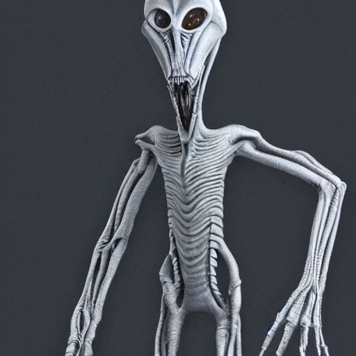 Image similar to alien grey, tall, very thin, terrifying, grimdark, photorealistic