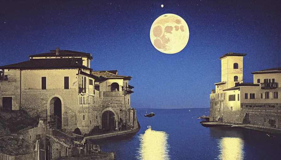 Image similar to italy historical sites at night with moon, by hasui kawase, silent, loneliness, cinematic composition