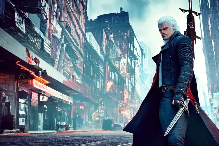 Image similar to vfx movie suave handsome grinning vampire with long white hair, trench coat, dual wielding large revolvers, leaping into the air, low gravity in a shattered reality of new york city, witcher devil may cry by emmanuel lubezki