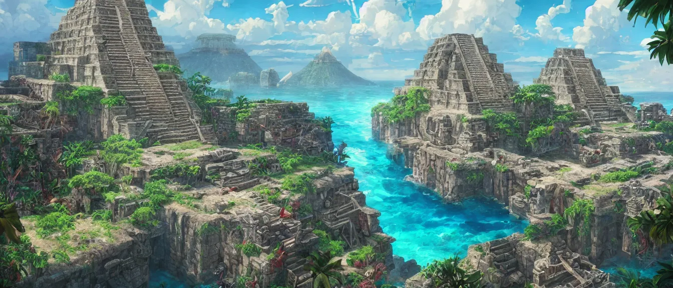 Image similar to dystopian mayan ruins on a colorful ocean, unreal engine, fantasy art by greg, loish, rhads, ferdinand knab, makoto shinkai, lois van baarle, ilya kuvshinov, rossdraws, tom bagshaw, global illumination, radiant light, highly detailed and intricate environment, isometric, trending onstudio ghibli, octane render, 8 k