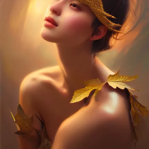 Prompt: expressive oil painting, of alluring european girl, sweet expression, smooth glowing skin, shining eyes, love, adoration, ornate headpiece of leaves, tattoo, glamour shot, by yoshitaka amano, by greg rutkowski, by jeremyg lipkinng, by artgerm, digital art, octane render