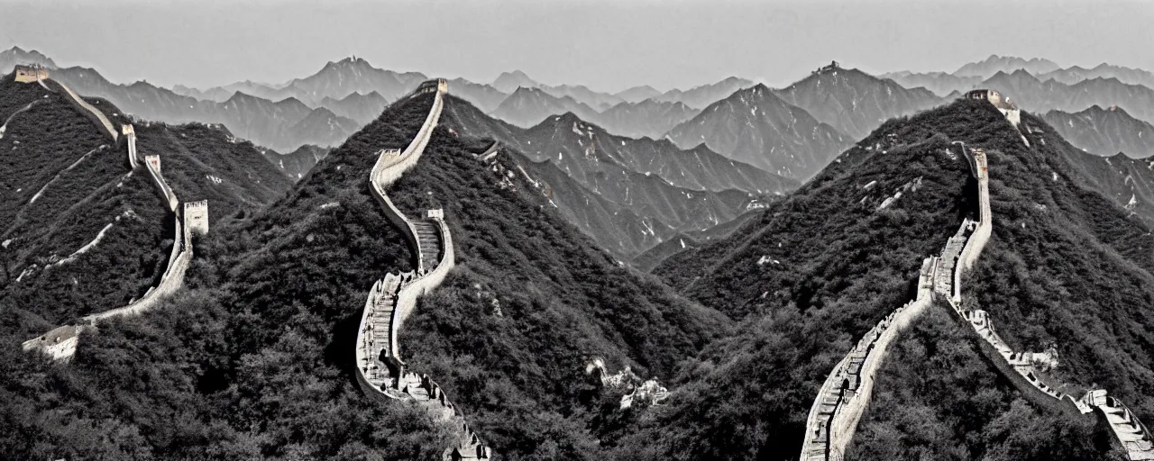 Image similar to spaghetti at the great wall of china, fine detail, canon 5 0 mm, in the style of ansel adams, kodachrome, retro