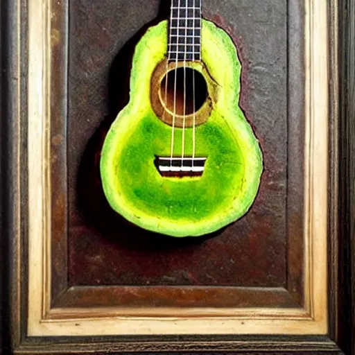 Image similar to avocado ukulele painted by leonardo da vinci