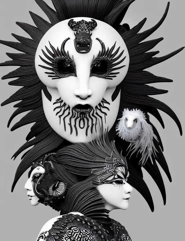 Image similar to 3 d goddess close - up profile simple portrait punk with mohawk with goat skull. beautiful intricately detailed japanese crow kitsune mask and clasical japanese kimono. betta fish, jellyfish phoenix, bio luminescent, plasma, ice, water, wind, creature, artwork by tooth wu and wlop and beeple and greg rutkowski