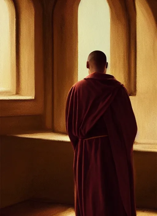 Prompt: oil painting of a dominican monk in brown robes, looking out of a monastery window contemplatively, a majestic cathedral in the background, digital art, artstation, cinematic, golden hour, digital art painting by greg rutkowski