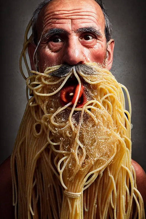 Image similar to extremely detailed portrait of old italian cook, spaghetti mustache, slurping spaghetti, spaghetti in the nostrils, spaghetti hair, spaghetti beard, huge surprised eyes, shocked expression, scarf made from spaghetti, full frame, award winning photo by eric lafforgue