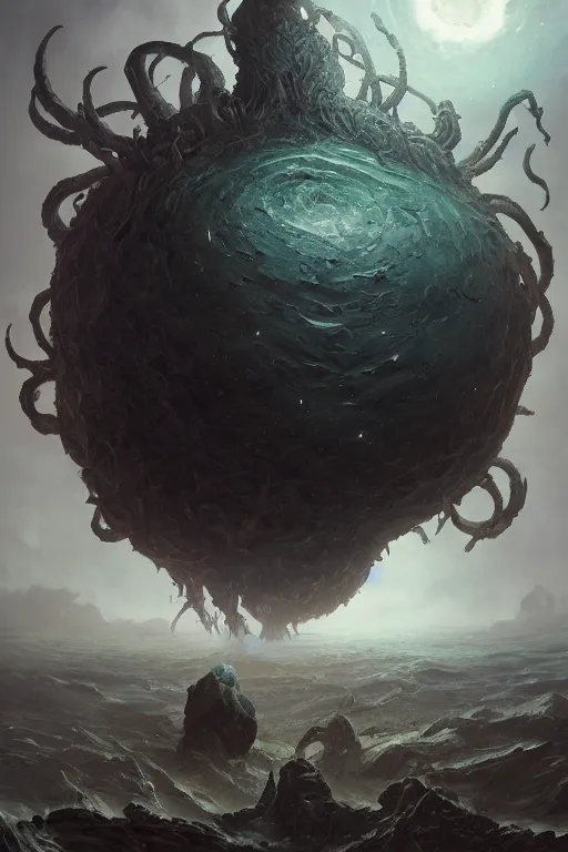 Image similar to eldritch god, larger than earth, eating planets, planet eater, lovecraftian deity, god, monster, huge, towering, gigantic, high octane, 8 k, digital art, magic the gathering, mtg, by greg rutkowski, trending on artstation