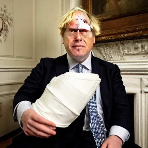 Image similar to boris johnson looking depressed while wearing a maid dress