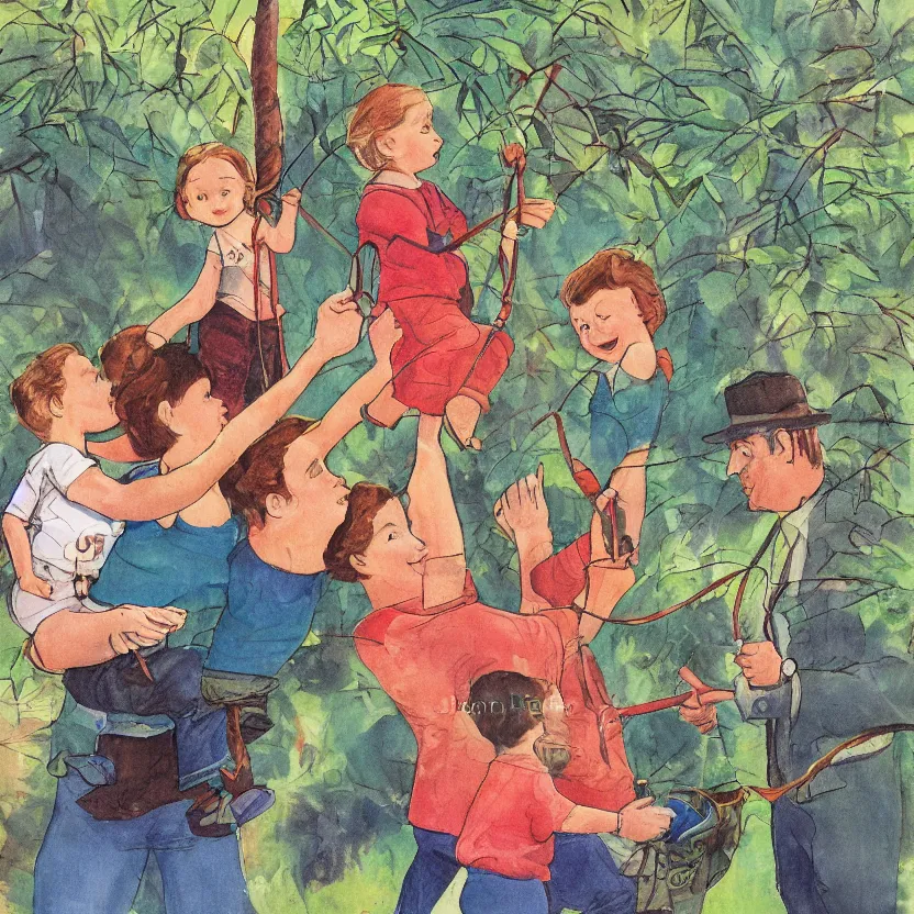 Prompt: small child swung between a mommy and a daddy at a zoo, award winning illustration by Don Freeman