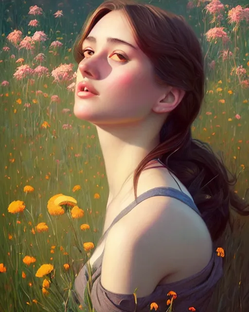 Prompt: stylized portrait of an artistic pose, composition, young lady sorrounded by nature, meadow, flowers, realistic shaded, fine details, realistic shaded lighting poster by ilya kuvshinov, magali villeneuve, artgerm, jeremy lipkin and michael garmash and rob rey