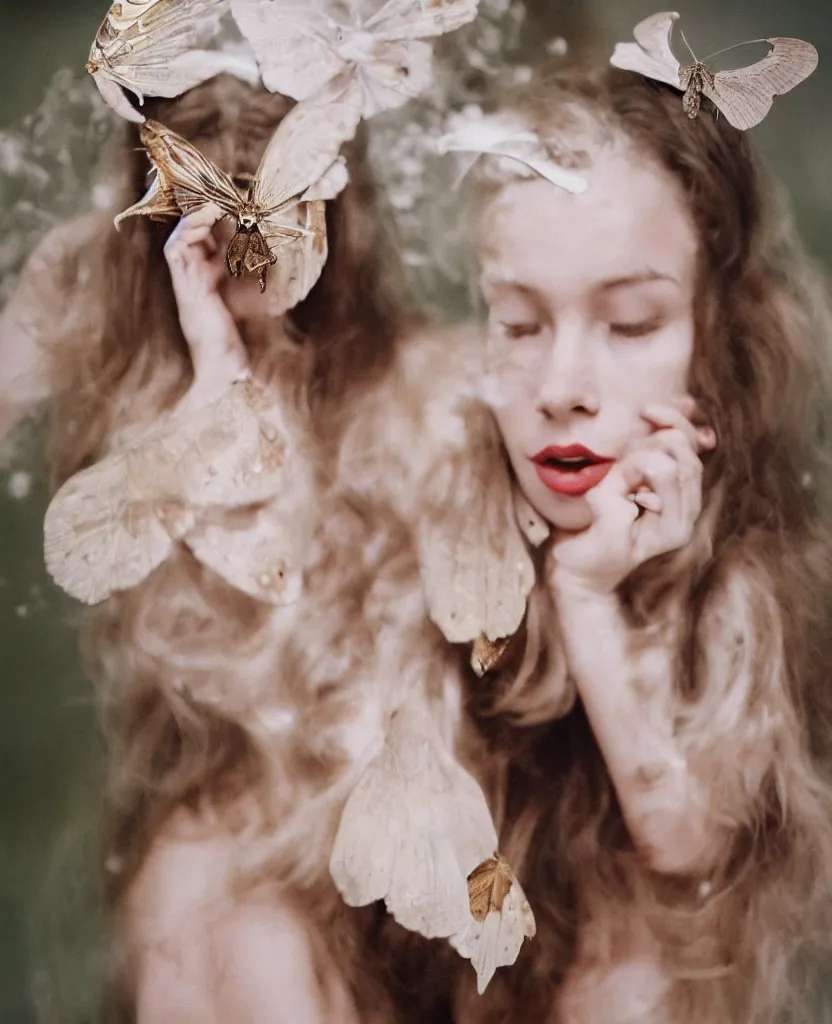 Prompt: a head and shoulders portrait of a beautiful woman with a large moth sitting on her face, by Nina Masic, by Flora Borsi, 50mm f/1.4, bokeh, kodak ektar