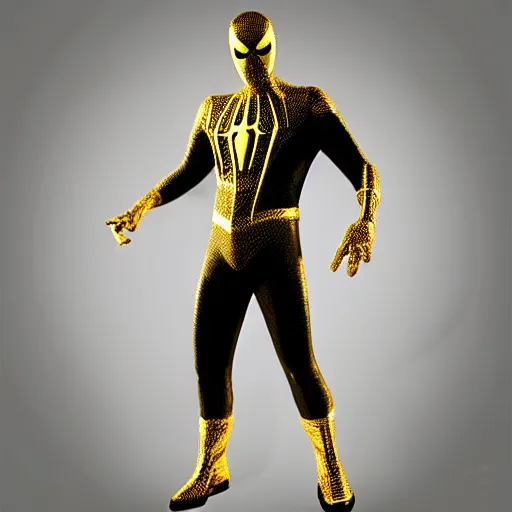 Image similar to gold spider - man suit with black web lining, cinematic, volumetric lighting, realistic, hyperdetailed, photorealistic, photograph