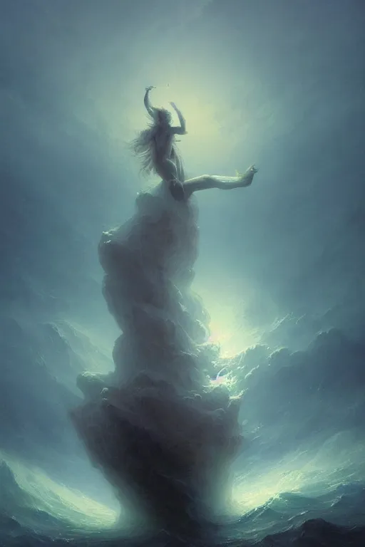 Image similar to A stunning detailed water deity by Ivan Aivazovsky, Peter Mohrbacher , Greg Rutkowski, stormy ocean, beautiful lighting, full moon, detailed swirling water tornado, artstation