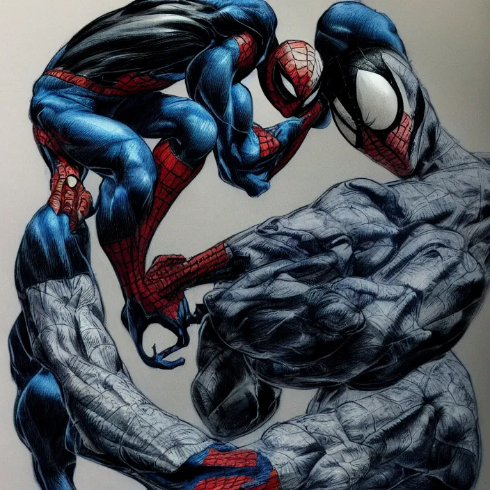Prompt: epic beautiful color ink pencil realistic majestic drawing of spiderman and venom hd cinematic portrait by alex ross pixar squareenix frank miller trending on flickr