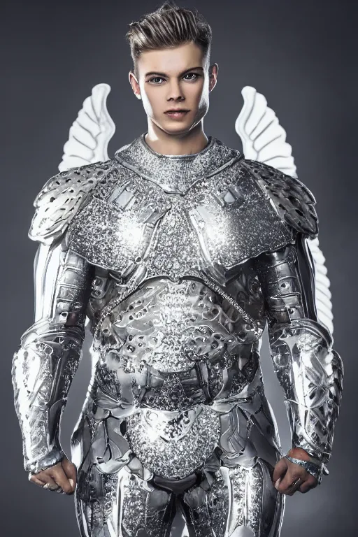 Prompt: white muscular angel with beautiful face, wearing diamond armor, shining light, jewelry, god rays