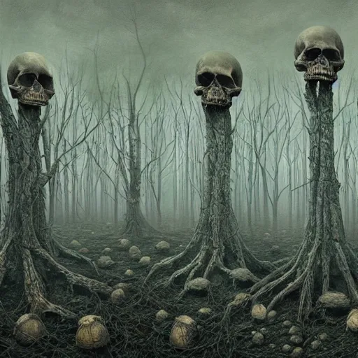 Image similar to a hyperrealistic painting of a psychedelic landscape, structures made of human skulls, by anton semenov and santiago caruso, highly detailed, vivid color,