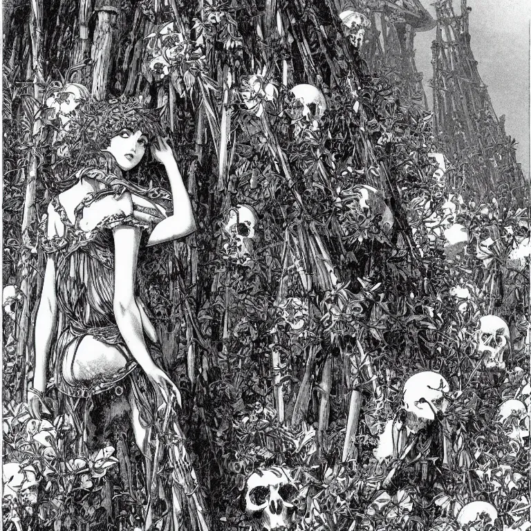 Image similar to an illustration from 1 8 9 9 of a young goddess peering from behind an enormous conical pile of skulls with huge flowers on tall stalks behind her, manga style of kentaro miura