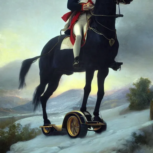 Image similar to Napoleon Bonaparte on his new electric scooter by Jeremy Lipkin and Giuseppe Dangelico Pino, oil on canvas, epic pose, cinematic, poster, 8k