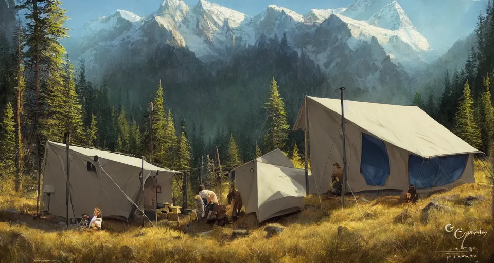 Image similar to cabela's beautiful comfortable carbon framed, modular insulated wall portable container home kit - house all weather family dwelling tent house, person in foreground, mountainous forested wilderness open fields, beautiful views, painterly concept art, environmental concept art, concept art illustration, by james gurney, by craig mullins, by greg rutkowski trending on artstation