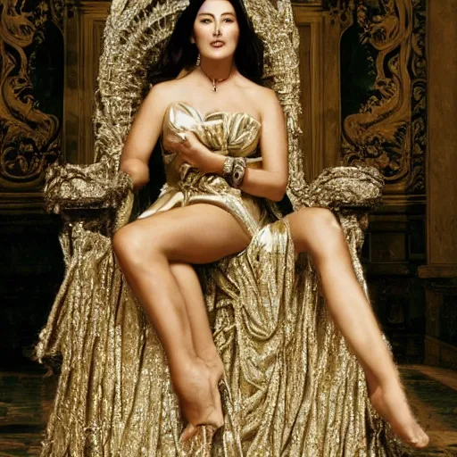 Image similar to Monica Bellucci as a Goddess sitting on a throne