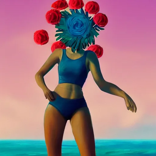 Image similar to portrait, giant rose flower head, girl dancing at the beach, surreal photography, sunrise, blue sky, dramatic light, impressionist painting, digital painting, artstation, simon stalenhag