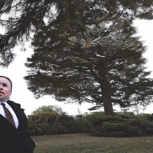 Prompt: White chubby clean-shaven man wearing a chocolate brown overcoat and necktie is resting under a giant evergreen tree; calm, afternoon, clear sky, windy