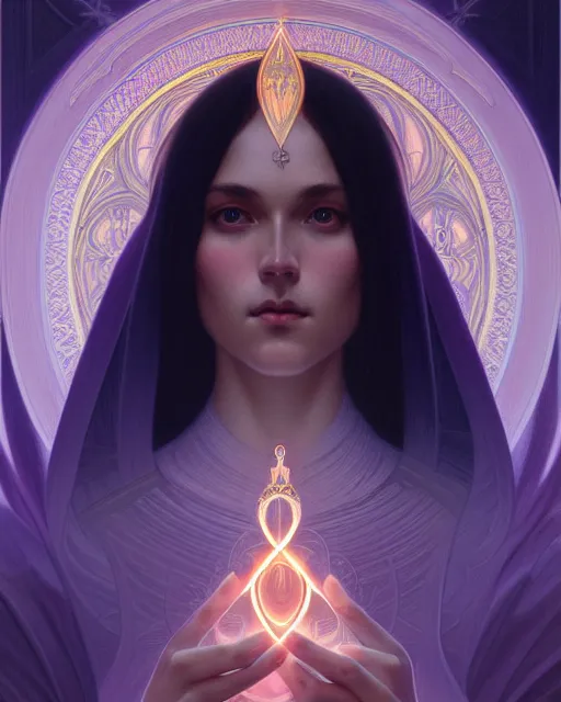 Image similar to symmetry portrait of saint germain, violet flame, intricate, elegant, highly detailed, digital painting, artstation, concept art, smooth, sharp focus, illustration, art by artgerm and greg rutkowski and fra angelico and alphons mucha