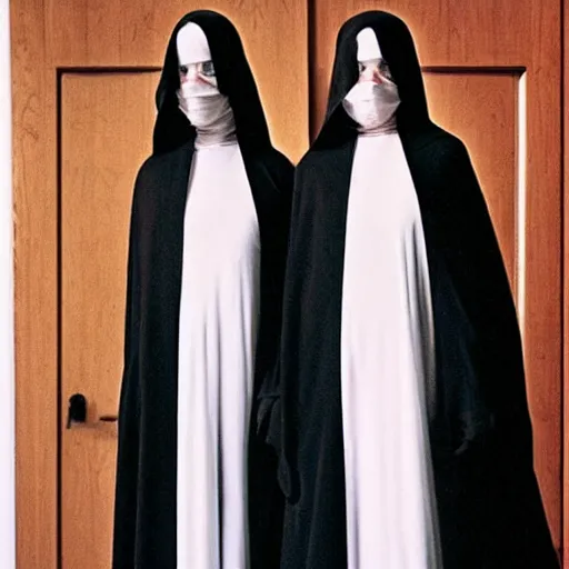 Image similar to terrifying photo,two Hovering twin nuns, wearing pointed hoods, buxom chested, blindfolded, wearing translucent veils, see through dress, Very long arms, bedroom, wood door, eerie, frightening, highly detailed, photorealistic, colorized —width 1024 —height 1024