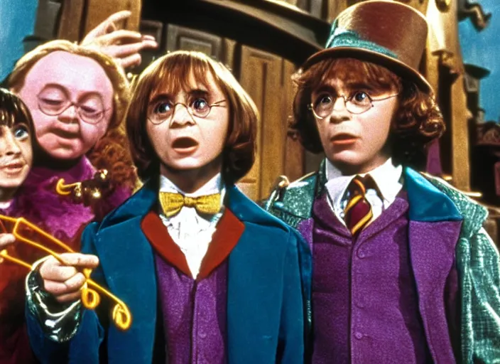 Prompt: film still of Harry potter in Willy Wonka's and the Chocolate Factory 1971