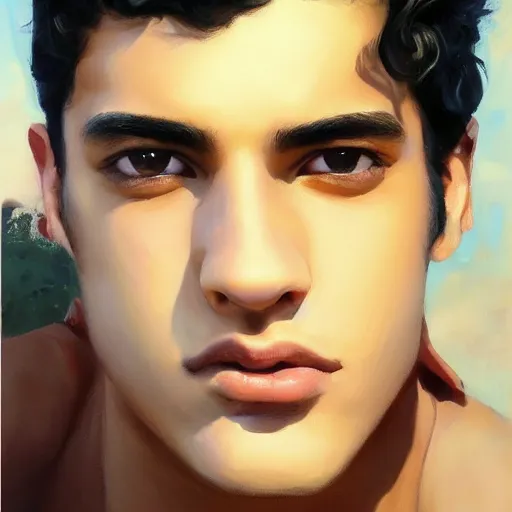 Image similar to oil painting by ilya kuvshinov, baugh casey, rhads, coby whitmore, of a youthful persian - indian college student, olive skin, high cheekbones, handsome, curly black hair, gay fem boy, outdoors, highly detailed, breathtaking face, studio photography, dawn, intense subsurface scattering, blush, supple look, innocence, intense sunlight