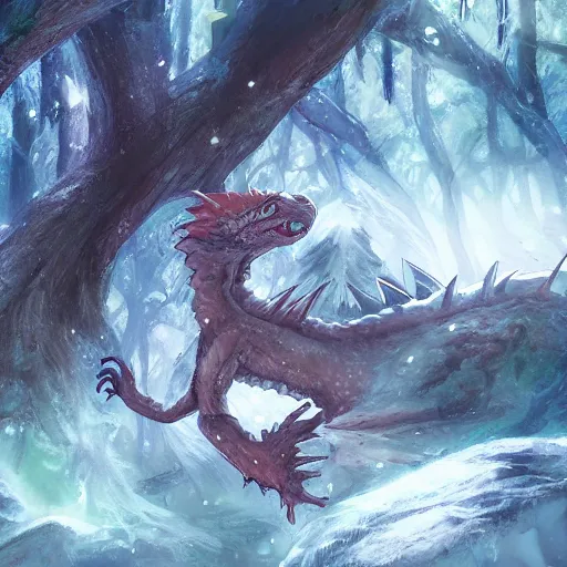 Image similar to cute anime dragon in cold forest, dnd character, background focus, fantasy, lizard legs, magic, realistic textured skin, big lizard head, eagle feather, eagle wings, glowing eyes, clear clean, by lya kushinov, avetetsuya studios, alexandra fomina artstation, by makoto shinkai, digital 2 d, matte painting