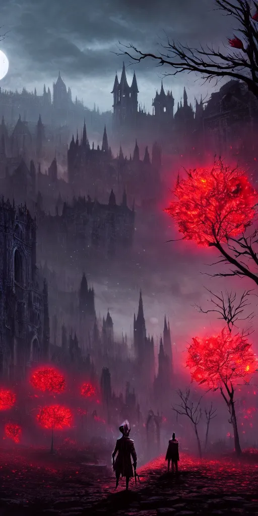 Image similar to populated bloodborne old valley with a obscure person at the centre and a ruined gothic city in the background, trees and stars in the background, falling red petals, epic red - orange moonlight, perfect lightning, wallpaper illustration by niko delort and kentaro miura, 4 k, ultra realistic