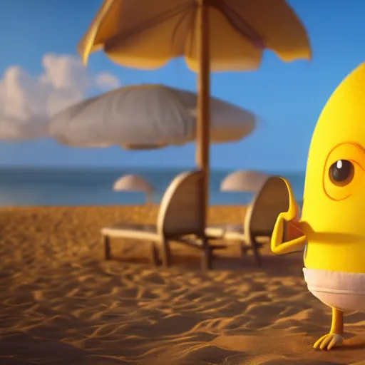 Image similar to a supercute cartoonnetwork lemon character, that is cute and good looking, it's is relaxing on a beach, by dalle - 2, octane render, 3 d, volumetric lightening,