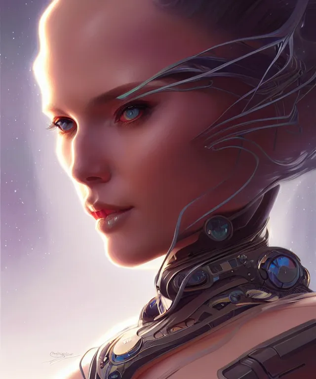 Image similar to futuristic woman portrait, sci-fi, amber eyes, face, long hair, fantasy, intricate, elegant, highly detailed, digital painting, artstation, concept art, smooth, sharp focus, illustration, art by artgerm and greg rutkowski and alphonse mucha