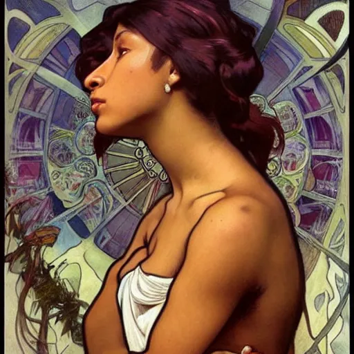 Image similar to upper body portrait, brown skinned woman, artgerm, alphonse mucha