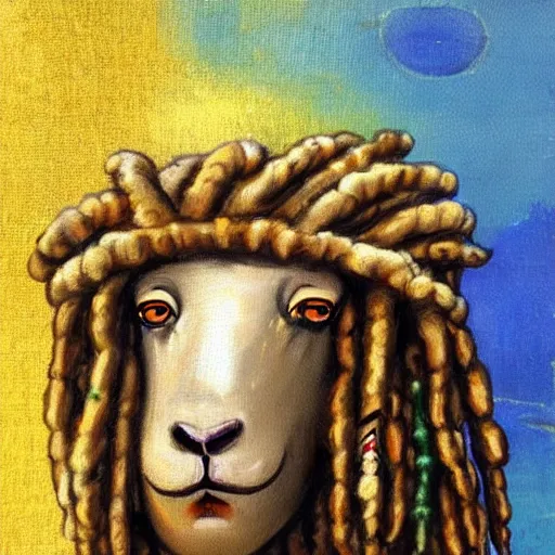 Image similar to a beautiful medieval art style painting of a Rastafarian sheep with dreadlocks and a blunt, trending on artstation