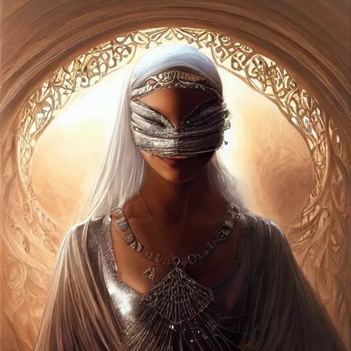 Image similar to a beautiful woman wearing a white niqab made of silver with jewelry and diamonds by alex gray and android jones, karol bak, ayami kojima, arabian, concept art, fantasy