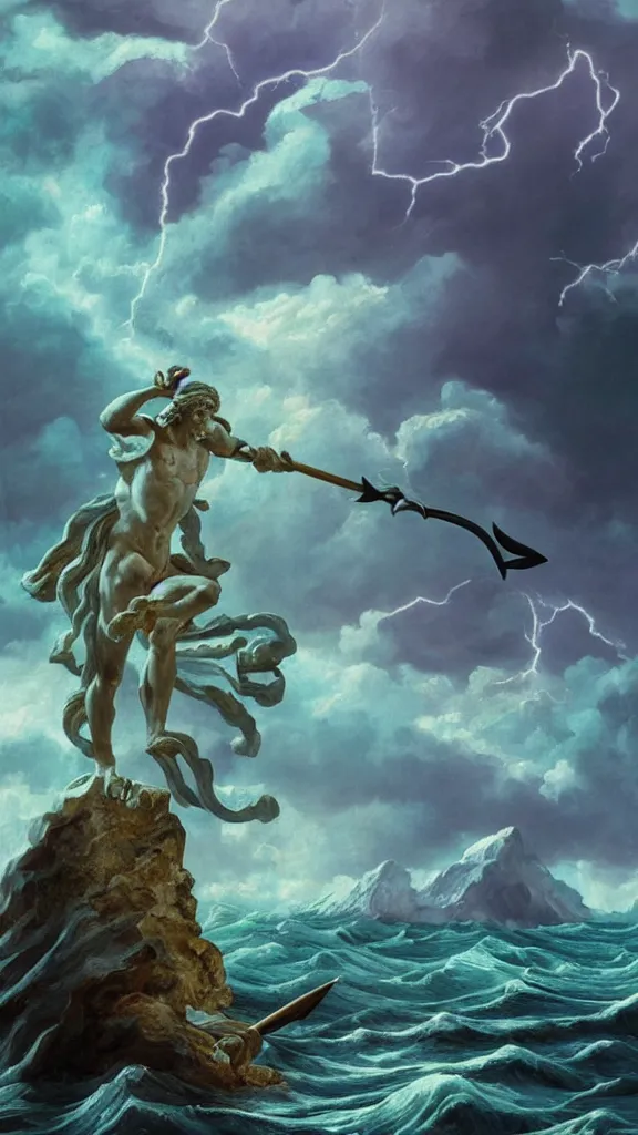 Prompt: gigantic marble statue of the god of the sea wielding a trident on an island. roiling waves at the base. scene lit by lightning. thunderclouds in the background. fantasy setting. purples and greens. fantasy aesthetic. extremely detailed. 4 k. painting with curved brush strokes