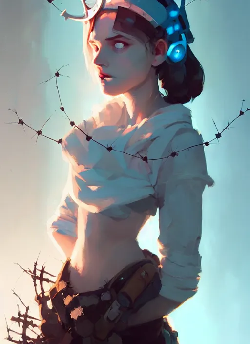 Image similar to portrait of cute gith maiden girl with crown of thorns and white short hairs, warhammer, cyberpunk, by atey ghailan, by greg rutkowski, by greg tocchini, by james gilleard, by joe gb fenton, by kaethe butcher, dynamic lighting, gradient light blue, brown, blonde cream and white color in scheme, grunge aesthetic